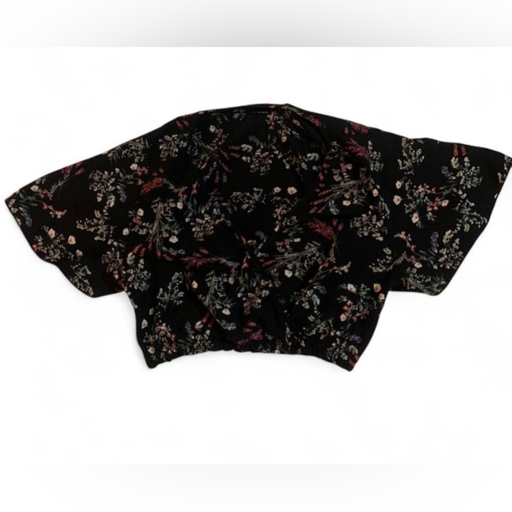 I.JOAH Black Floral Print Crop Top | Kimono Flare Sleeve | Boho Indie M